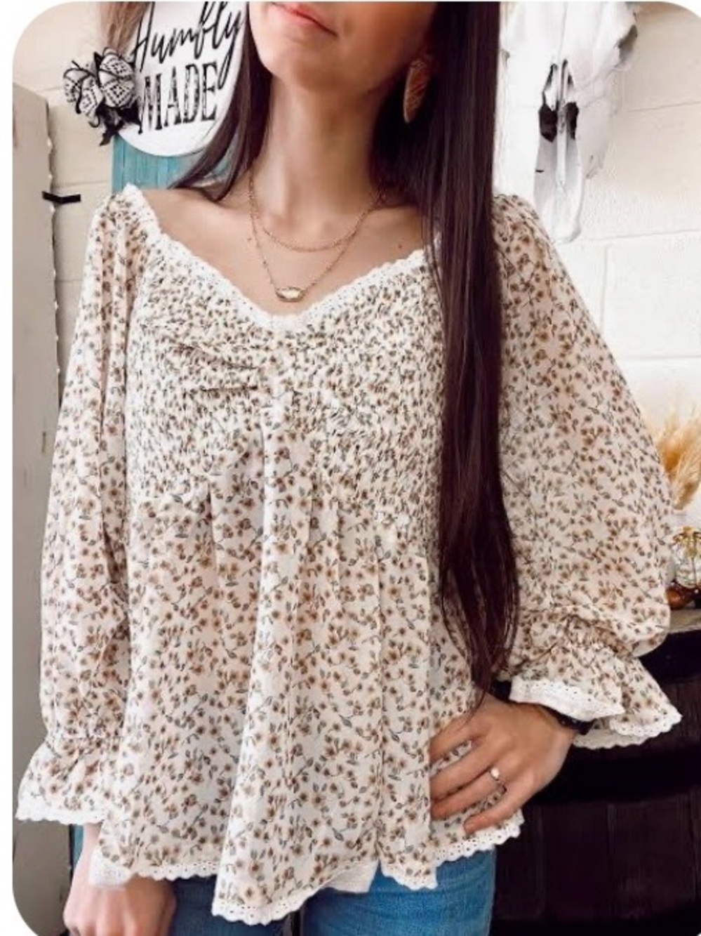 BiBi Cream Floral Lace-Trim Peasant Blouse
